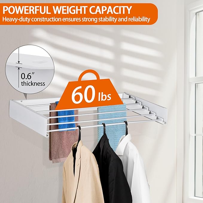 FOCHIER F Laundry Drying Rack Wall Mounted Clothes Drying Rack Foldable with 5 Aluminum Rods and Drilling Template Long Screwdriver Bit 60 lbs Capacity (White, 40")