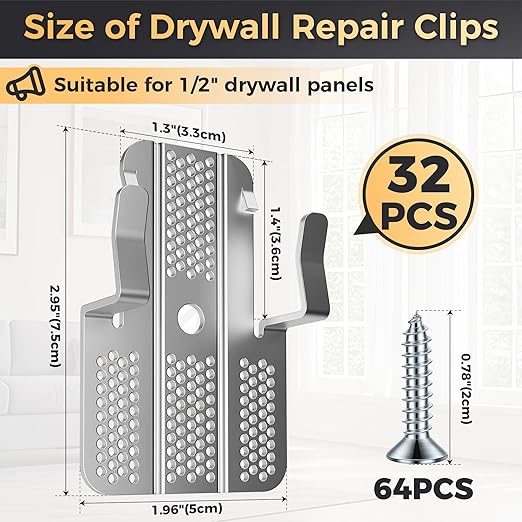 Drywall Repair Clips,Easy Install Drywall Clips 1/2 Inch,Professional Hole Repair Patch Kit for Wall and Sheetrock, Strong Metal Backing Clips with Screws for Home Improvement-32Packs