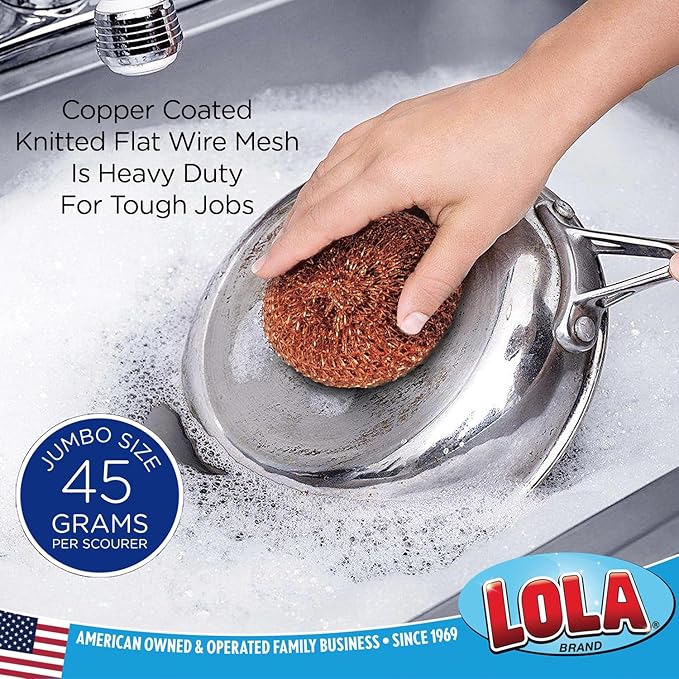 LOLA Copper Mesh Scouring Pad, 2 Pack, 45 Grams, 4" Heavy Duty Cleaning Pads, Copper Coated Knitted Wire Mesh, Recyclable, Cleans Baked On Messes