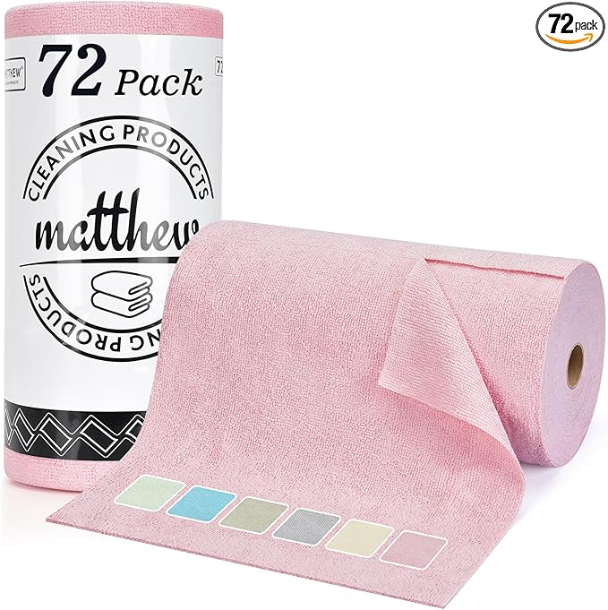 Matthew Microfiber Cleaning Cloth Roll 72Pack (12" x 12") Reusable Paper Towels&Washable Tear Away Towels,Ultra Water Absorbent Lint&Streak Free Cleaning Rags for Glass,Dishwash,Bathroom,Cars-Red