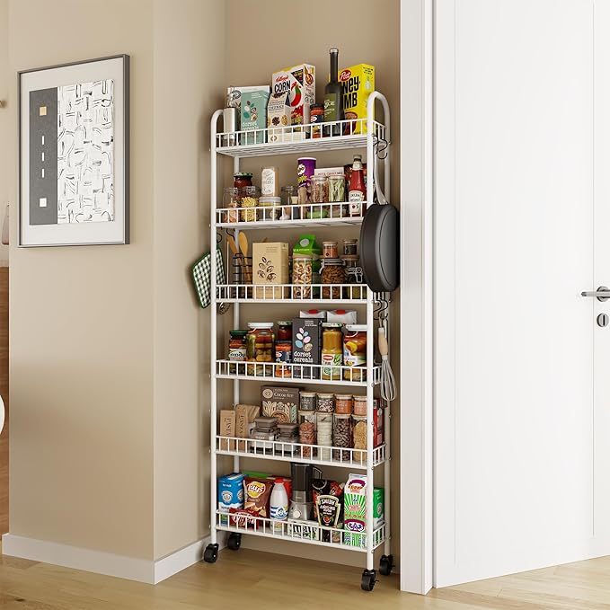 6 Tier Slim Rolling Storage Cart with Wheels, Metal Mobile Shelving Unit Organizer Utility Cart for Office Bathroom Kitchen Laundry Room Narrow Places (White 6 Inches)