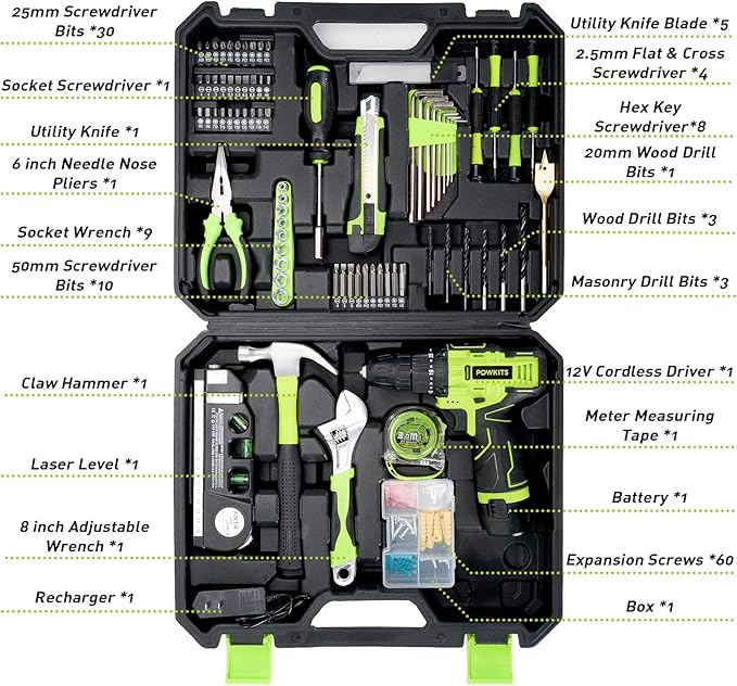 Cordless Drill: 12V Power Drill Set with Lithium Battery, 142Pcs Electric Tools Set with 3/8"Keyless Chuck, Portable Household Basic Tool Kit with Tool Box for Home, Green