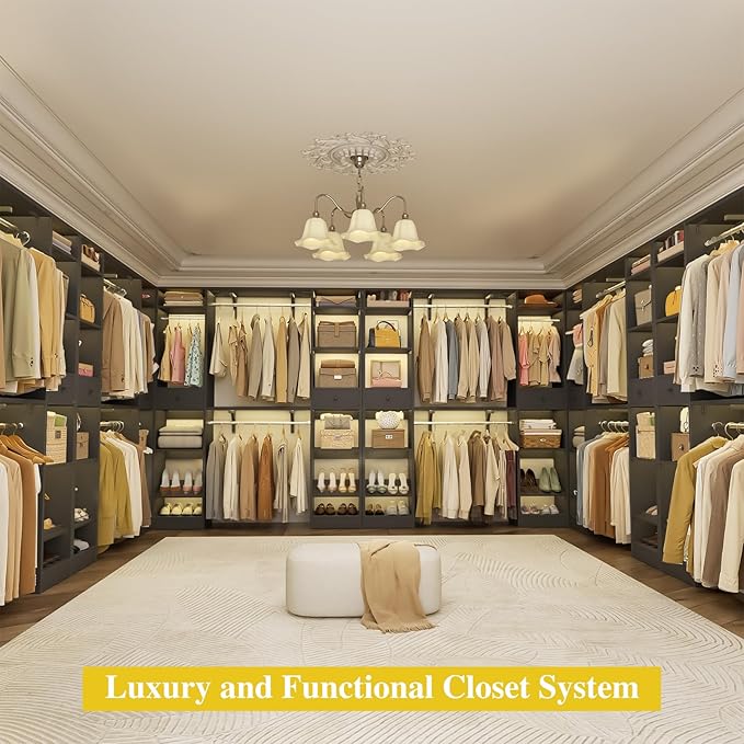 Unikito 10-15FT Closet Systems, Large Wood Walk in Closet Organizer with Hanging Rods and Drawers, Heavy Duty Closets Wardrobe with Shoe Racks, Sturdy Reversible Clothes Closet Kit, Black, Set of 2