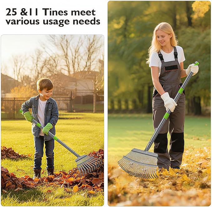 GARDENWORK Rake for Leaves,11&25 Tines Rakes for Lawns,73" Adjustable Garden Rake,Metal Leaf Rakes for Picking Leaves Yard Women Kids Cleanup Grass,Debris,Pine Needles Pick