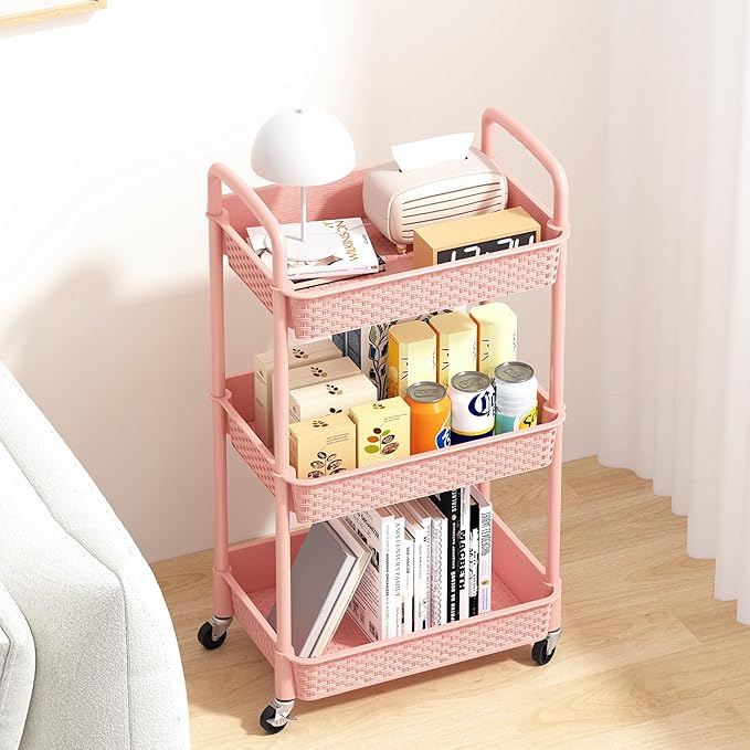 MOYIPIN 3-Tier Plastic Rolling Utility Cart with Handle,Utility Storage Cart for Office, Living Room, Kitchen,Movable Storage Organizer Shelves,Pink