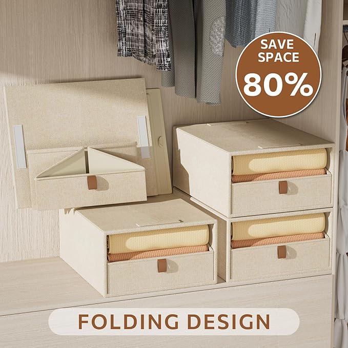 Closet Organizers and Storage 4-Pack Large Storage Bins with Drawers Stackable Fabric Clothes Organizers Storage Box Collapsible Closet Drawers Organizer (Beige, 21L*4)