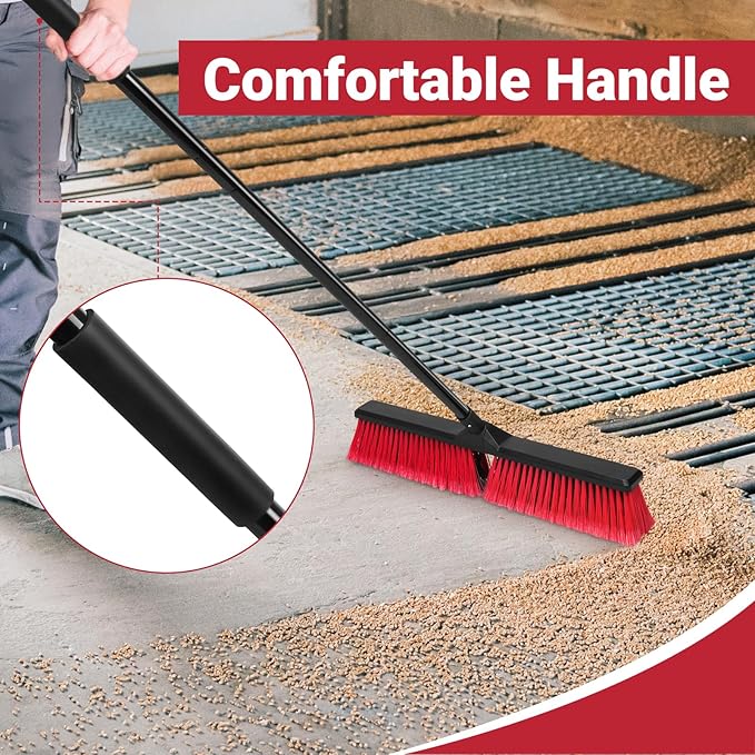 24" Push Broom with 63" Long Handle, Heavy Duty Broom for Floor Sweeping, Stiff Bristles Broom Brush for Workshop, Garage, Concrete, Patio and Deck