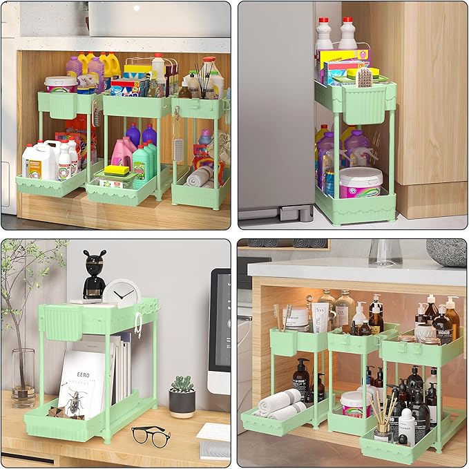 3 Pack Under Sink Organizers, 2-Tier Multi-Use Kitchen and Bathroom Organizers and Storage with Sliding Drawers，Bathroom Cabinet Organizer (Green, 12.8 Inch)