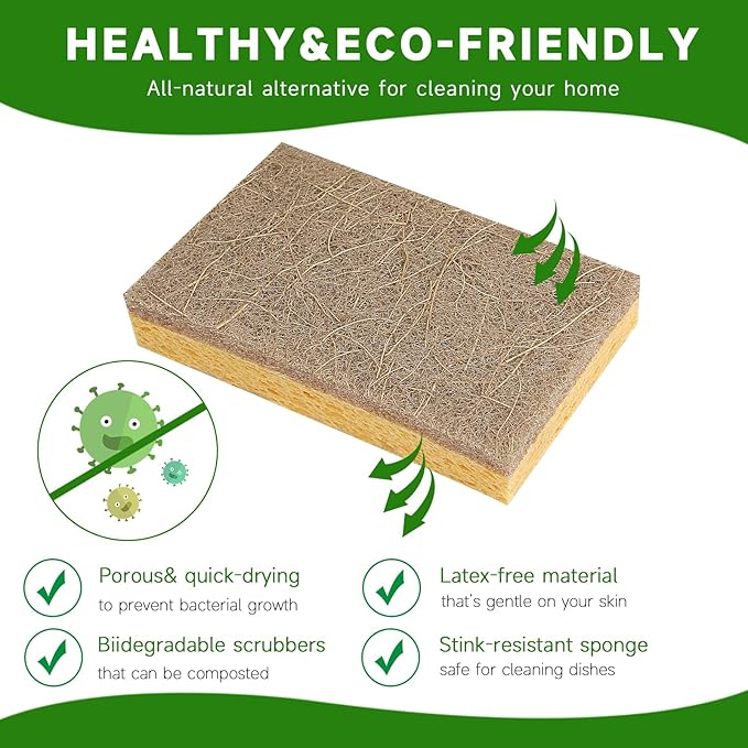 10 Pack Biodegradable Natural Sponges Kitchen - Compostable Cellulose and Coconut Walnut Scrubber Sponge - Eco Friendly Sponges for Dishes
