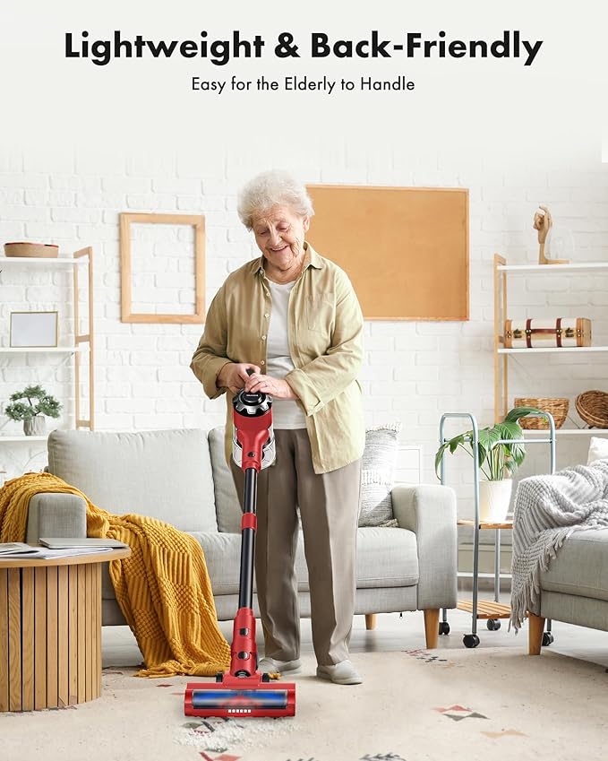 Cordless Vacuum Cleaner, 8-in-1 Lightweight Stick Vacuum with 45mins Runtime, Powerful Suction, Rechargeable Cordless Vacuum for Carpet, Tile, Pet Hair, Hardwood Floors, Red