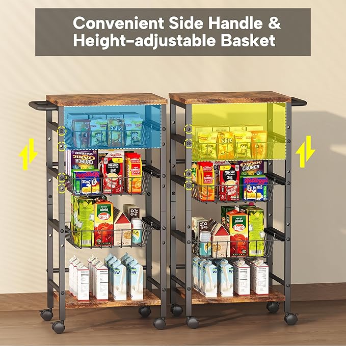 5-Tier Snack Organizer Cart with 3 Height Adjustable Pull-Out Baskets and 2 Storage Shelves, Utility Kitchen Organizer and Storage Cart with Convenient Handle for Fruit Potato Onion Vegetable Snack