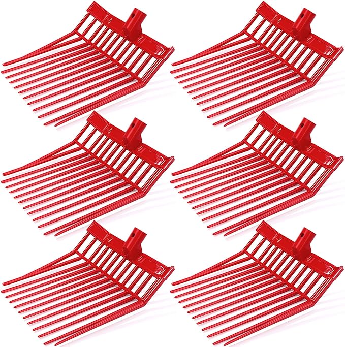 Lasnten 6 Pack Manure Fork Replacement Heads 12 Tines Heavy Duty Pitchfork Heads with Screws & Nuts Durable Horse Manure Rake for Picking up Grass Hay Animal Waste(Red)