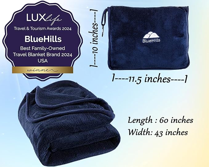 BlueHills Premium Soft 2-Pack Travel Blanket Pillows Airplane Large Plane Flight Throw Blankets for Two in Bag Compact Traveling Essentials Set Packable Warm Gifts Navy Blue T011