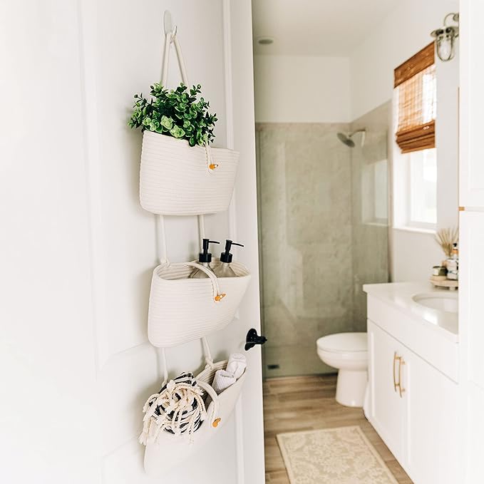 OrganiHaus White 3-Tier Wall Hanging Baskets for Organizing, Hanging Storage Basket, Over the Door Basket Organizer, Wall Mounted Basket for Nursery Organization, Hanging Baskets for Nursery Decor