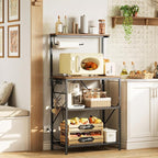 Huuger 4-Tier Bakers Rack with Reversible Power Outlet, 23.6 Inch Microwave Stand, Kitchen Coffee Bar, with Top Shelf, 6 S Hooks, Rustic Brown
