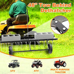 48" Tow Behind Lawn Dethatcher, Pull Behind Rake with 24 Rust-Proof Tines and Heavy Tires, Lawn Tractor Rake with Lift Handle, Black Tow Behind Rakes to Remove Thatch, Leaves from Large Lawn Area
