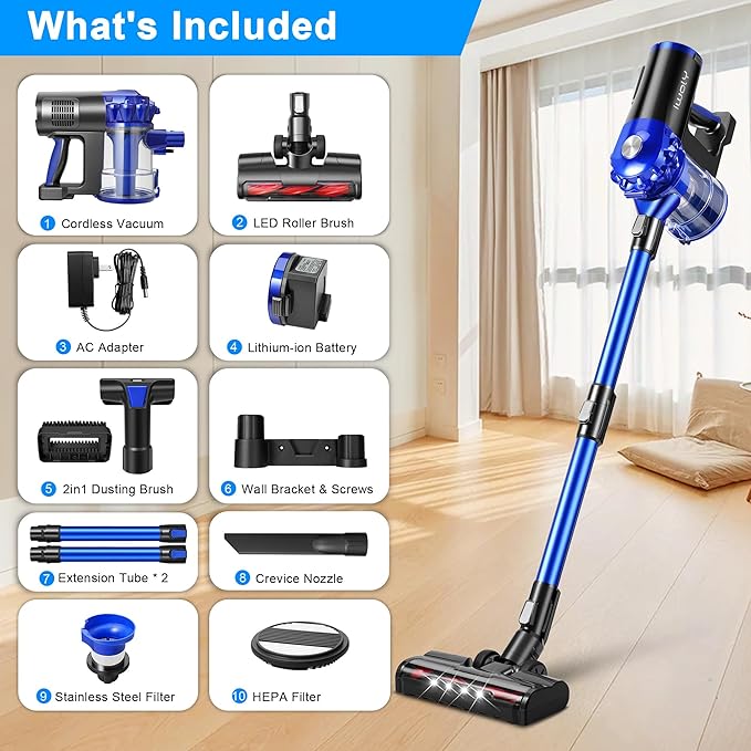 iwoly Cordless Vacuum Cleaner with 28KPa Powerful Suction, Brushless Motor, HEPA Filter, 3 Modes, Detachable Battery, 2-in-1 Stick & Handheld Vacuum for Home Hard Floor Pet Hair