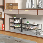 ROMGUAR CRAFT 2 Tier Bamboo Shoe Rack for Closet Free Standing Wood Shoe Shelf for Entryway Small Space Stackable 27"x11"x13" (Black)