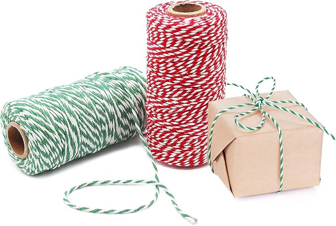 Benvo Pack of 2 Green White Cotton Twine and Red White Packing String Christmas Xmas Twine Rope Ribbon Cord for Baking, Butchers, DIY Crafts Wrapping Ornaments Hanging 656 ft Long