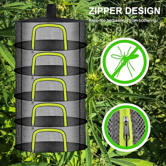5 Layer Herb Drying Rack, Herb Drying Rack Hanging Mesh, Foldable Bud Drying Net with U-Shaped Zipper, Hooks, for Drying Herbs Plants, Flowers, Fruits, Food, Camping (5 Layers-23.62'')
