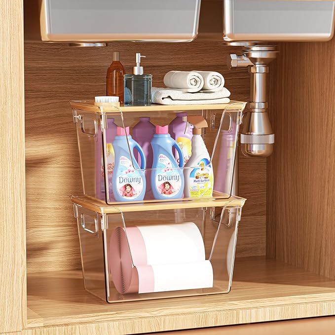 1 Pack Stackable Storage Trash Bag Holder with Bamboo Top, Large Garbage Trash Bag Dispenser, laundry room organization, Kitchen Pantry Organizer Storage for Onion, Potato, Snack