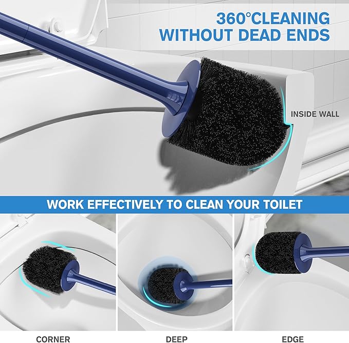 UPTRONIC Toilet Brush 2 Pack, Blue, Nylon Bristles, Ergonomic Handle, Ventilated Holder, Bathroom Cleaning