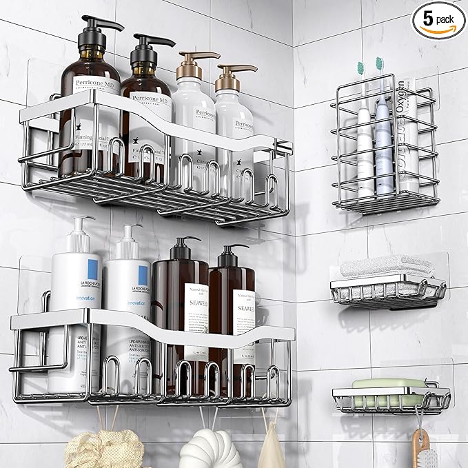 5-Pack Rustproof Stainless Steel Shower Caddy – No Drill Adhesive Bathroom Organizer with Large Capacity, Spacious Shower Shelves for Inside Shower, Kitchen & Home Decor Storage-XL Size