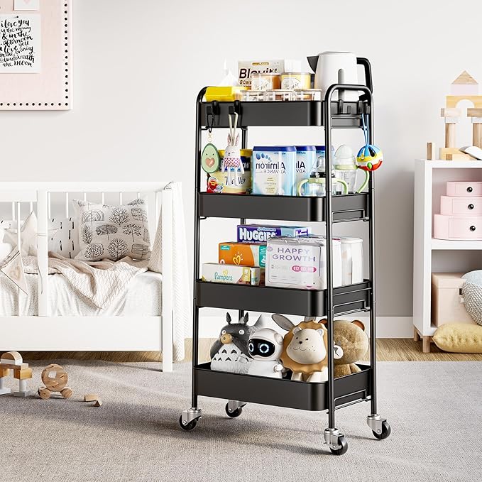 TOOLF 4-Tier Metal Rolling Cart with Wheels, Storage Utility Organizer Cart for Kitchen, Bathroom, Office, Baby Essentials & Makeup - Lockable Casters, Easy Assembly, Large Capacity, Black