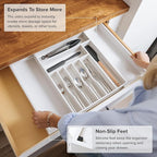 Premium Silverware, Flatware and Utensil Organizer for Kitchen Drawers, Food-Safe Contract Grade, Expandable from 14.5 to 25 In, White Bamboo