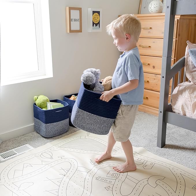 NaturalCozy 13 Inch Cube Storage Bins Cotton Rope Woven Baskets for Organizing 3-Pack | 13 x 13 Storage Cubes | Fabric Square Storage Baskets for Shelves Organizer, Kids Toy Bins, Closet Baby Nursery