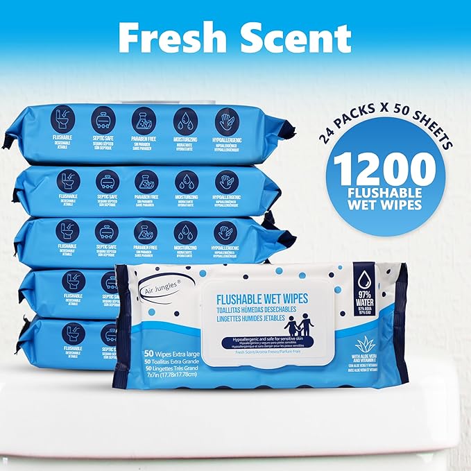 Air Jungles Flushable Wipes 1200 Wipes, Extra Large 7"x7", Fresh Scent Wet Wipe, Moisturizing with Aloe Vera & Vitamin E, for Adults and Babies