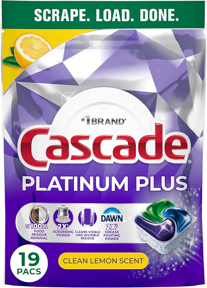 Cascade Platinum Plus Dishwasher Pods, Dishwasher Detergent, Dish Detergent Soap, Lemon, 19 Count