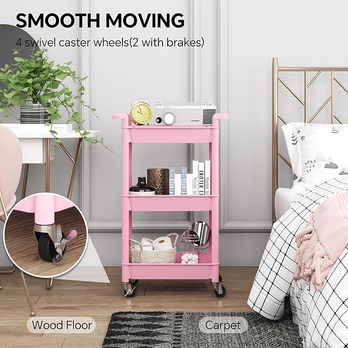 3-Tier Utility Rolling Cart with Cover Top Board, Mobile Utility Cart with Lockable Casters Multi-Functional Storage Trolley for Office, Bathroom, Kitchen, Garden, Laundry Room (Pink)