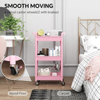 3-Tier Utility Rolling Cart with Cover Top Board, Mobile Utility Cart with Lockable Casters Multi-Functional Storage Trolley for Office, Bathroom, Kitchen, Garden, Laundry Room (Pink)