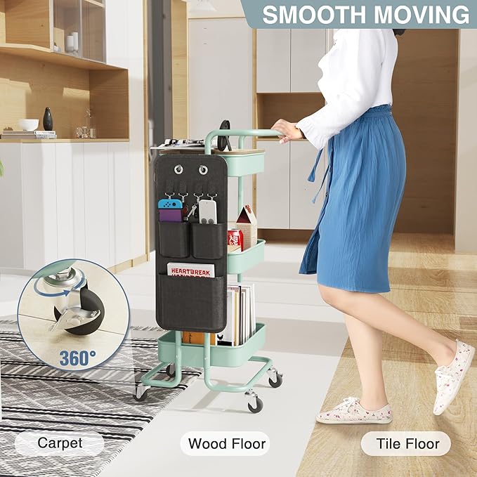 DTK 3 Tier Metal Utility Rolling Cart with Table Top and Side Bags, Metal Tray Storage Organizer Cart with Wheels, Art Craft Cart with 4 Hooks for Kitchen Bathroom Office Living Room (Green)