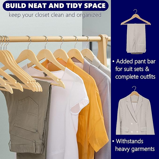Amber Home 20 Pack Wooden Coat Hangers, Natural Wood Suit Hangers with Non-Slip Pant Bar, Clothes Hangers for Closet Organization, Shirts, Jackets, Dresses, and Pants (Natural, 20)