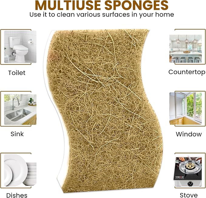 Natural Kitchen Sponge –12-Pack Biodegradable Sponges for Dishes –Compostable Dish Washing Scrubbers – Eco Friendly Non-Scratch Cellulose & Coconut Husk Scrubber Sponges for Cleaning