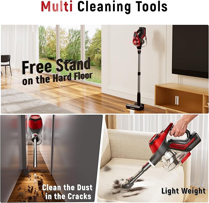 Cordless Vacuum Cleaner, 30Kpa Home Stick Vacuum, Smart Display & 1.5L Dust Cup, 55mins Max Runtime, Rechargeable Lightweight Handheld Vavuum for Pet Hair/Carpet/Hardwood Floor/Car (Red)