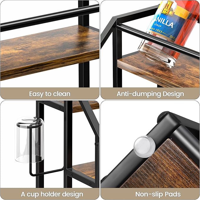 Coffee Syrup Rack Organizer, Spice Racks, Syrup Bottle Holder Stand for Coffee Bar, 3-Tier 12 Bottles Storage Shelves for Syrup, Wine, Dressing for Kitchen Countertop, Rustic Brown & Black