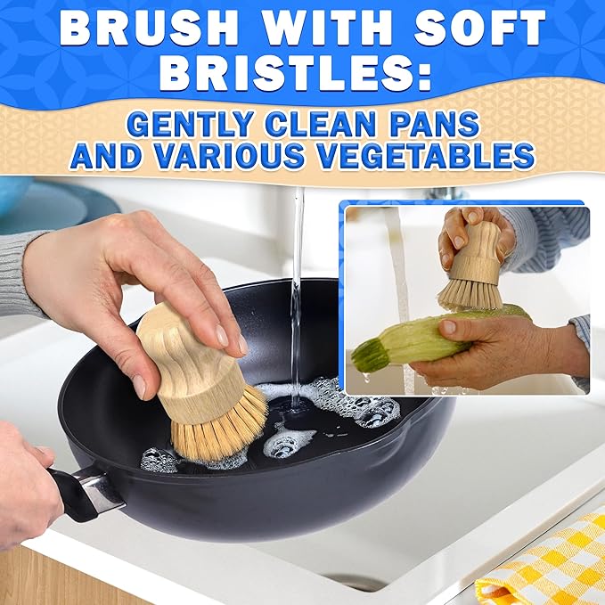 5 Pcs Bamboo Dish Brush Set – Wooden Dish Brush with Ergonomic Handle for Scrubbing Pots and Pans – Durable, Scratch-Free Bristles for Effective Dishwashing & Easy Grip for Comfortable Use