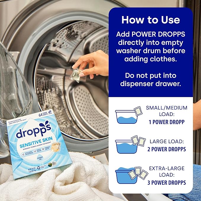 Dropps Sensitive Skin Laundry Detergent Pods, Unscented (160 Count) - Dermatologist Tested Laundry Pods - HE Compatible Laundry Supplies for Clean Clothes, Vegan & Dye-Free
