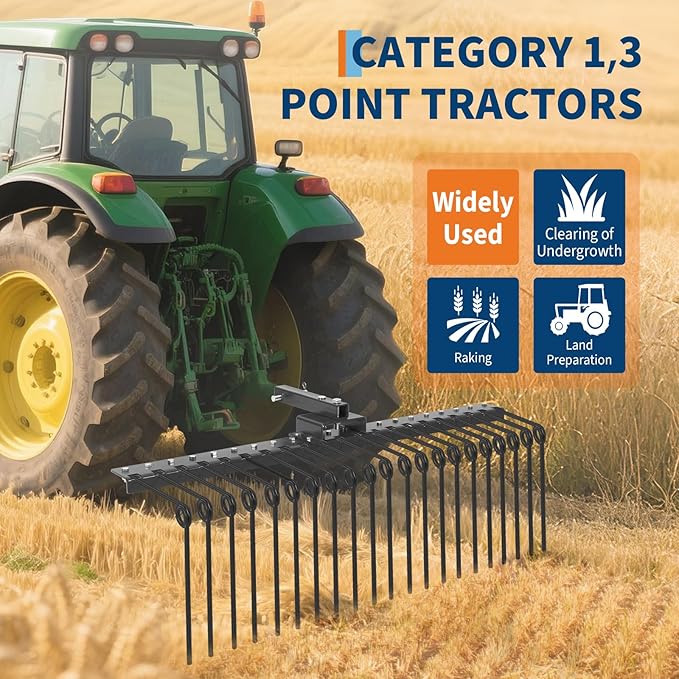 Pine Straw Rake, 48 Inch Landscape Rake for 2" Receiver, Fits Lawn Tractors & ATV/UTV | Heavy-Duty Powder Coated Steel Construction | Yellow