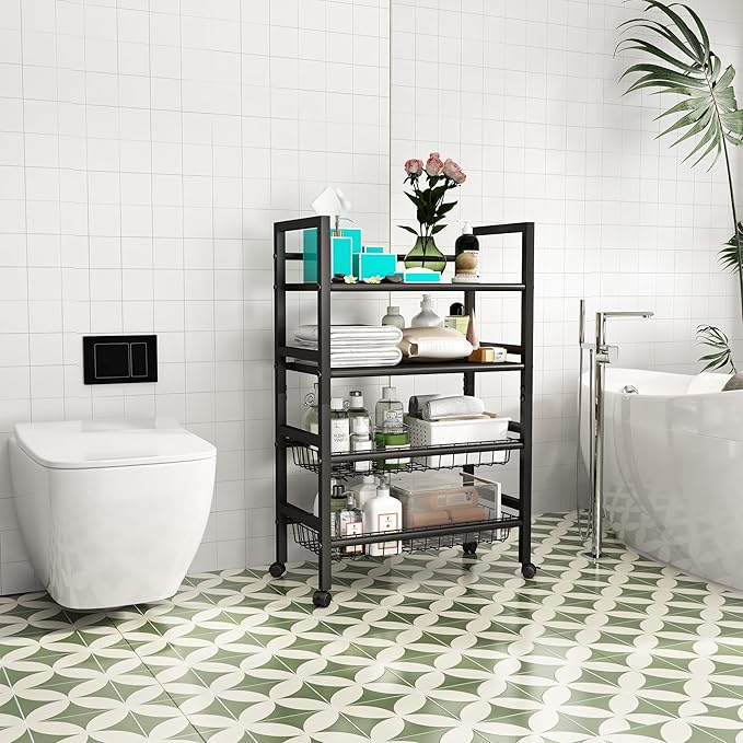 Four-Tier Metal Rolling Rack, Removable Metal Sheets, Grid Baskets with Wheels, Kitchen Storage Cart, Shelf for Pantry, Bathroom, Kitchen, Office, Garage, Black (Medium)