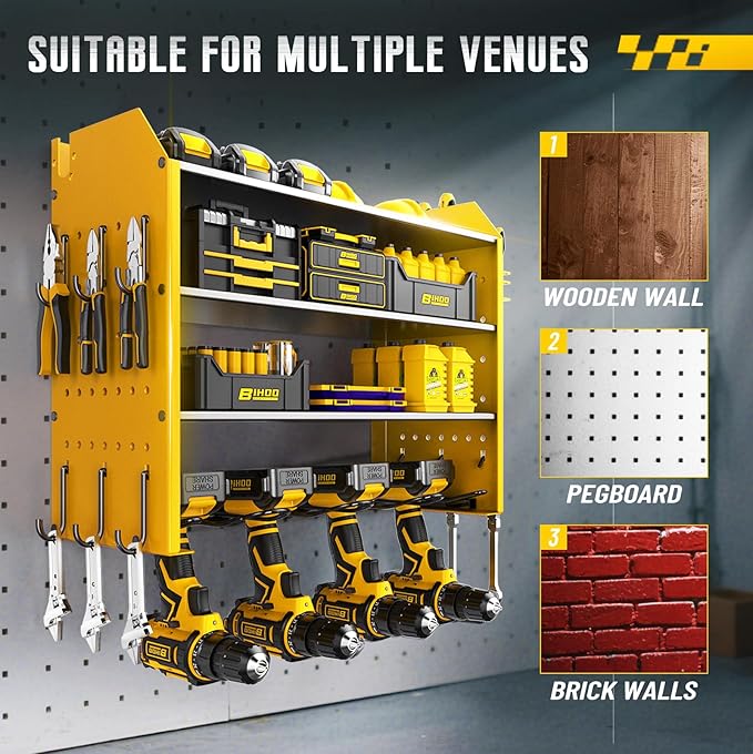 Power Tool Organizer Wall Mount, 4 Tier Tool Organizer For Space Saving,Used For Electric Drills, Saws And Toolbox Parts, Wall Hooks