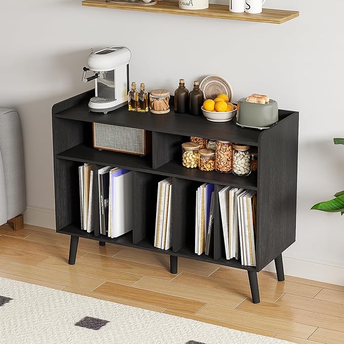 ChooChoo Record Player Stand, Turntable Stand with Vinyl Storage, Record Player Cabinet Up to 350 Albums, Cube Storage Organizer for Living Room, Black