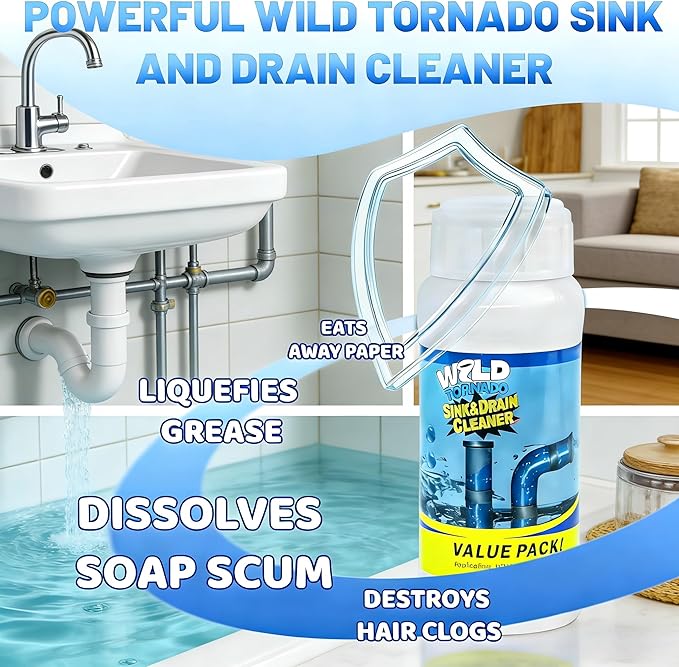 2pc Wild Tornado Sink and Drain Cleaner Powder - Powerful Pipe Dredge for Kitchen & Toilet, Drain Clog Remover, Pipeline Dredging Agent (2)