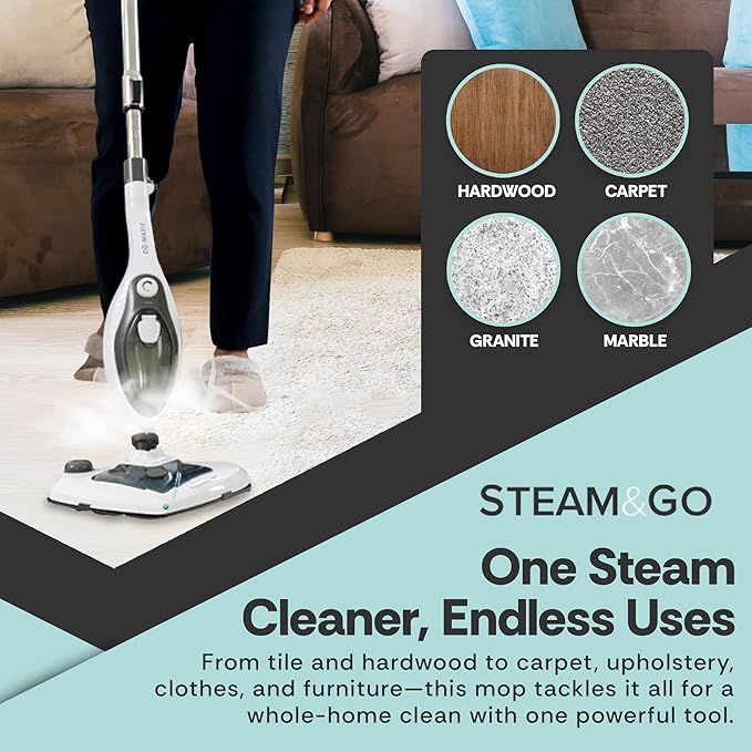 Steam and Go 10-in-1 Steam Mop - Multi-Functional Floor Steamer for Home Use w/Detergent Chamber, Detachable Handle & Handheld Steam Cleaner for Tile, Grout, Hardwood, Upholstery, Carpets & Furniture
