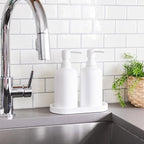 Matte White Soap Dispenser Set with Tray, 2 Pack 15oz Round Rustproof Liquid Hand Dish Soap Dispensers with Tray for Kitchen Sink, Countertop, and Bathroom