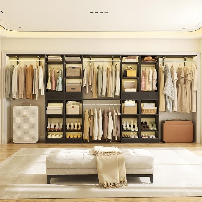 Unikito 10-15FT Closet Systems, Large Wood Walk in Closet Organizer with Hanging Rods and Drawers, Heavy Duty Closets Wardrobe with Shoe Racks, Sturdy Reversible Clothes Closet Kit, Black, Set of 2