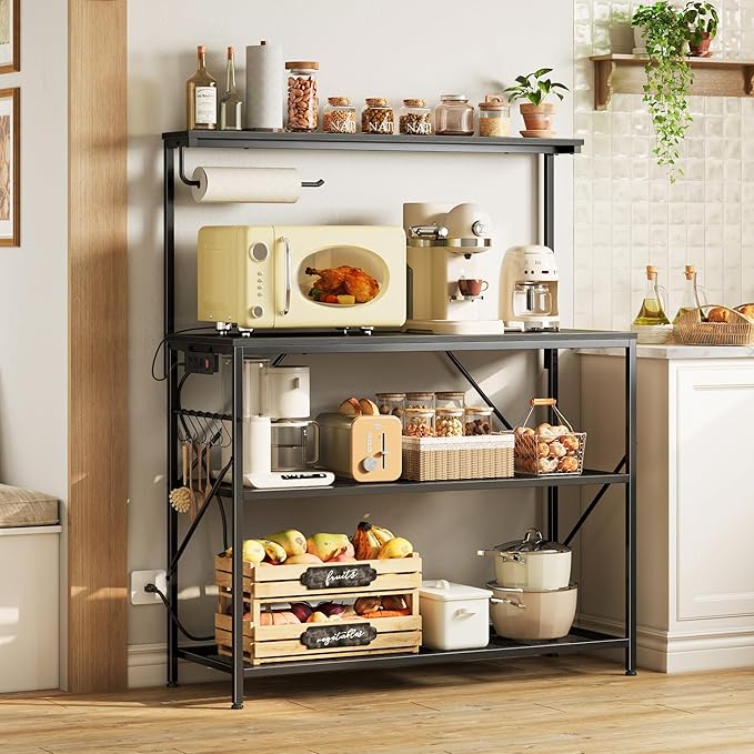 Huuger 4-Tier Bakers Rack with Reversible Power Outlet, 39.4 Inch Microwave Stand, Kitchen Bar, with Top Shelf, 6 S Hooks, White